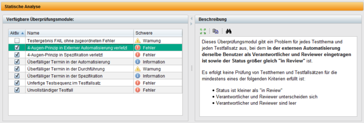 Liste der im Projekt eingestellten Überprüfungsmodule