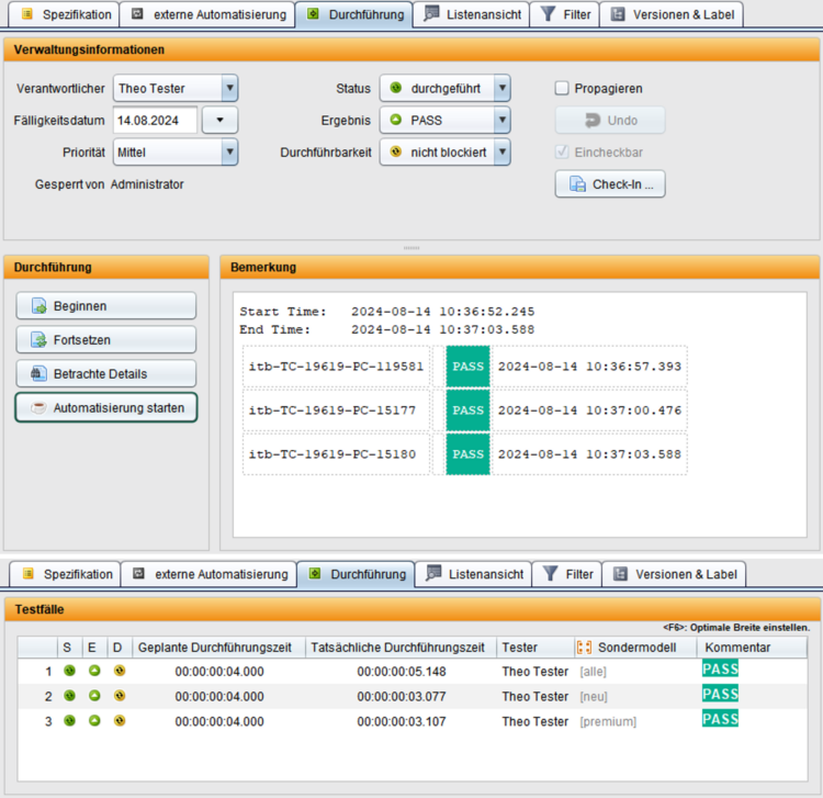 Testprotokolle und Ergebnisse in TestBench