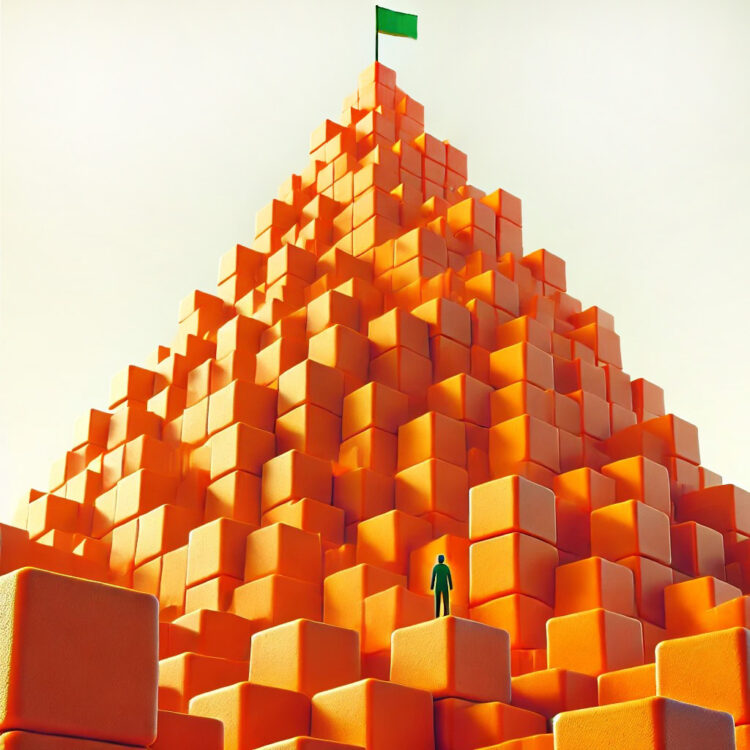 Person vor einer großen Pyramide aus orangefarbenen Würfeln mit einer grünen Flagge an der Spitze