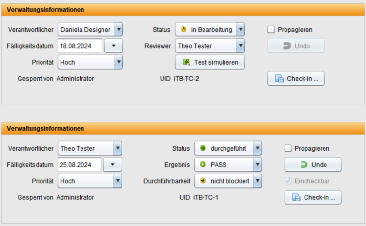 Screenshot der TestBench-Verwaltungsinformationen mit zwei Zuständen: Oben Status ‚in Bearbeitung‘ mit Angaben wie Verantwortlicher, Fälligkeitsdatum, Priorität ‚Hoch‘ und Option ‚Test simulieren‘. Unten Status ‚durchgeführt‘ mit Ergebnis ‚PASS‘ und Durchführstatus ‚nicht blockiert‘.