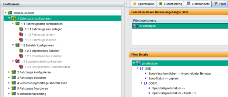 Screenshot der TestBench mit hierarchischem Menü links und aktivem Filter ‚zu erledigen‘ rechts. Statussymbole wie grüne Häkchen und rote Ausrufezeichen zeigen den Aufgabenstatus.