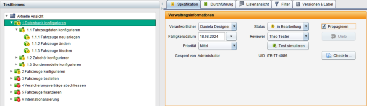 „Screenshot der TestBench mit hierarchischem Menü links und Verwaltungsinformationen rechts. Angezeigt werden Details wie Verantwortlicher, Status ‚In Bearbeitung‘, Fälligkeitsdatum, Priorität ‚Low‘ und weitere Optionen wie ‚Simulate Test‘ und ‚Check-in‘.