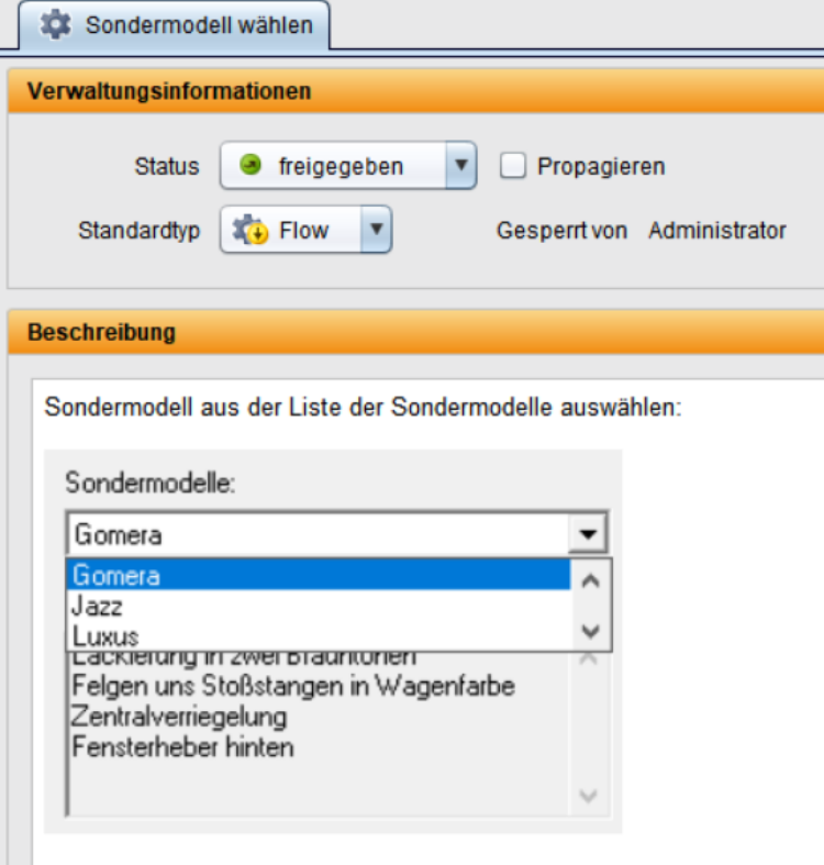 Auswahl eines Sondermodells in einer Testanwendung. Der Status ist auf 'freigegeben' gesetzt, Standardtyp ist 'Flow'. Im Dropdown-Menü sind Sondermodelle wie Gomera, Jazz und Luxus auswählbar, begleitet von zusätzlichen Konfigurationsoptionen wie Farbe und Ausstattung.