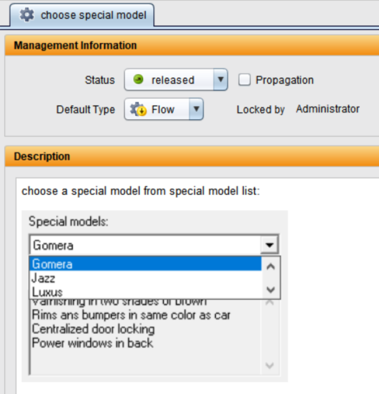 Selection of a special model in a test application. The status is set to 'released', the default type is 'Flow'. Special models such as Gomera, Jazz and Luxury can be selected in the drop-down menu, accompanied by additional configuration options such as color and equipment.