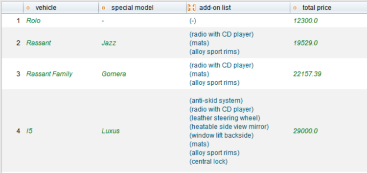 Table with test case data for various vehicle configurations: Contains columns for vehicle, special model, accessories list and total price. Examples: 'Rolo' without special model and accessories (€12,300.00), 'Rassant Family' with special model Jazz and accessories such as radio and floor mats (€19,549.00), 'Rassant' with special model Gomera (€16,056.60), and 'I5' with special model Luxury and extensive accessories (€32,065.20).