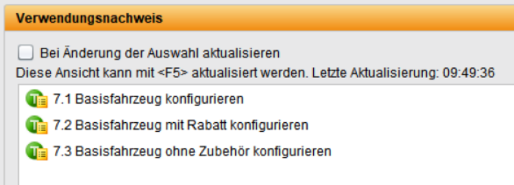 Verwendungsnachweis in einer Testanwendung mit drei Konfigurationsoptionen: Basisfahrzeug konfigurieren, Basisfahrzeug mit Rabatt konfigurieren und Basisfahrzeug ohne Zubehör konfigurieren. Option zur Aktualisierung der Ansicht bei Auswahländerungen vorhanden, mit Angabe der letzten Aktualisierungszeit.