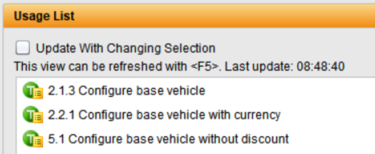 Where-used list in a test application with three configuration options: Configure base vehicle, Configure base vehicle with discount and Configure base vehicle without accessories. Option for updating the view in case of selection changes available, with indication of the last update time.